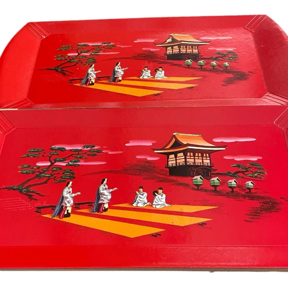 Vintage Hasko Deluxe Lap Trays Red Asian Pagoda Scene MCM Set of 4